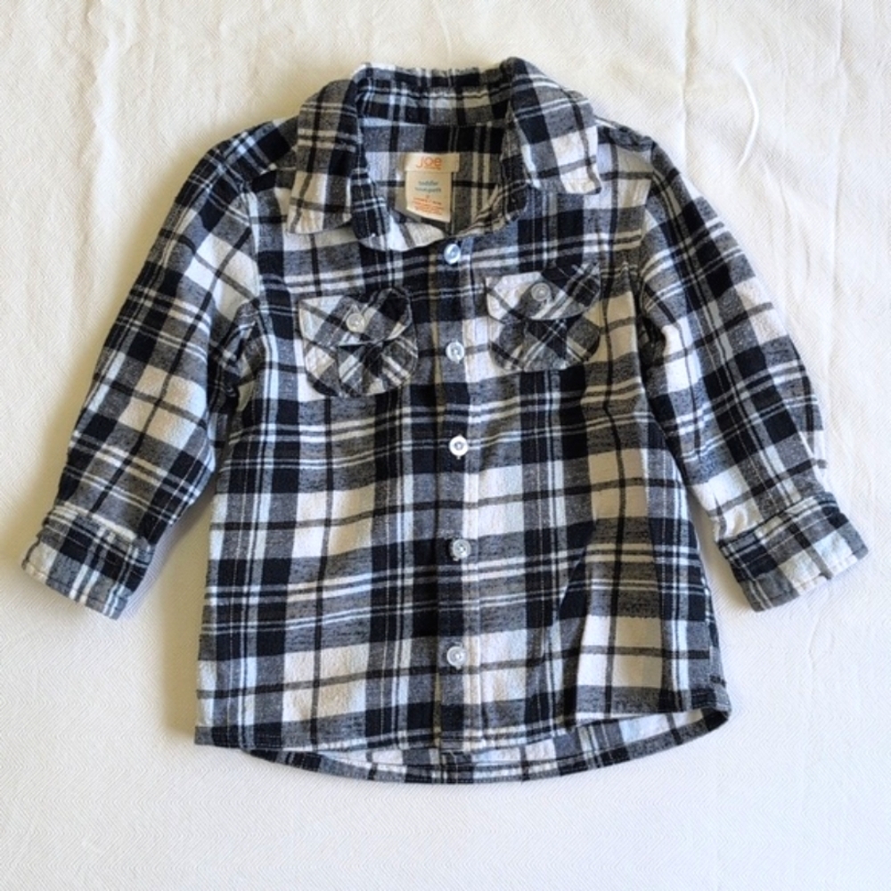 joe fresh navy & white plaid cotton flannel button down shirt 2T toddler boys